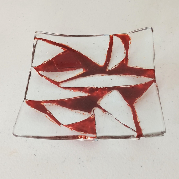 Vintage Red Clear Fuses Glass Trinket Dish Square Geometric 5x5 - Picture 3 of 6